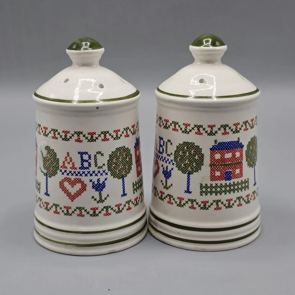 Vintage Ceramic Crosstitch Salt Pepper Shakers Grandmacore Cottage Country Japan